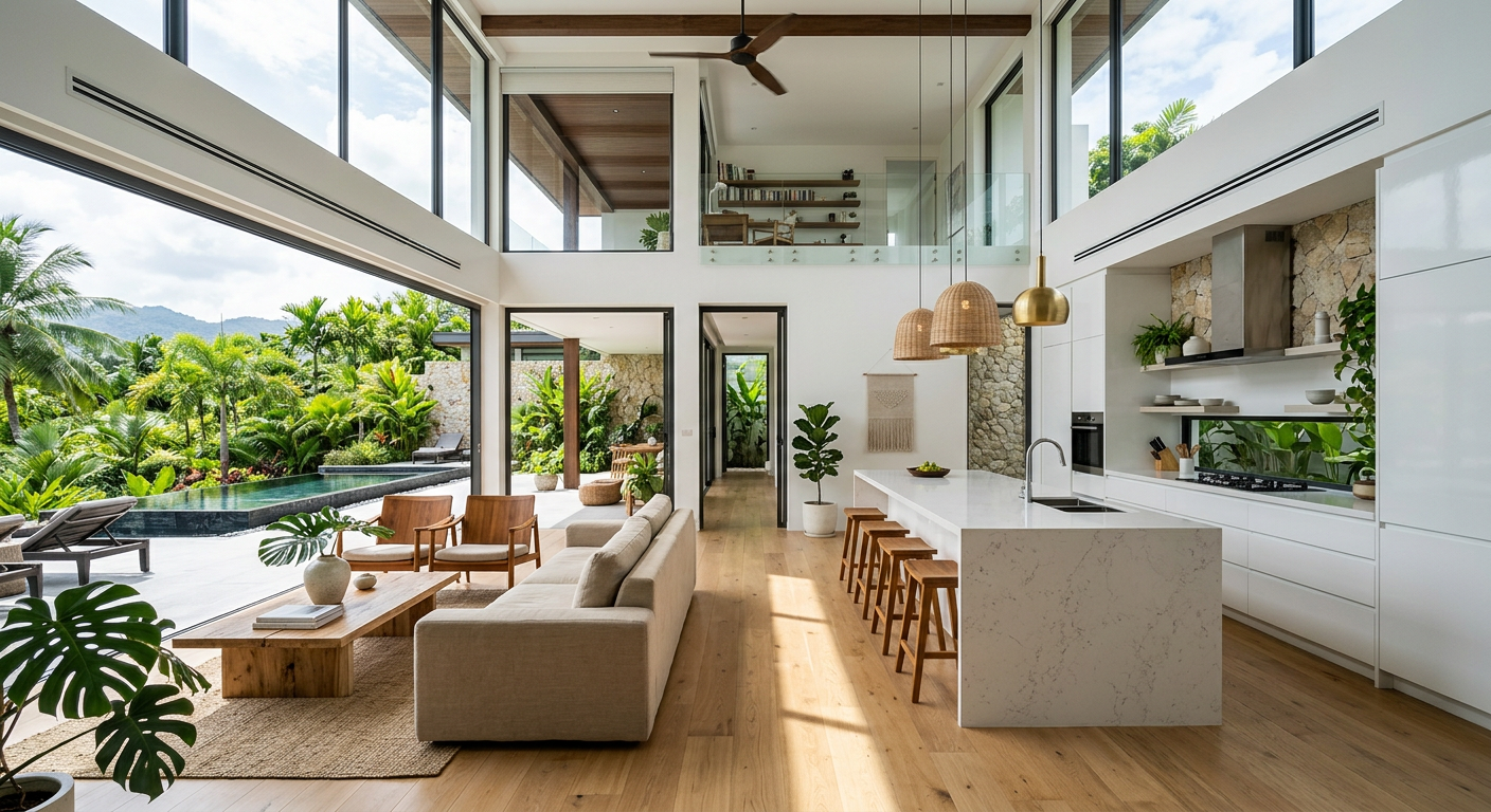 ภายในบ้านโมเดิร์นแบบเปิดโล่ง ห้องนั่งเล่นและครัว
